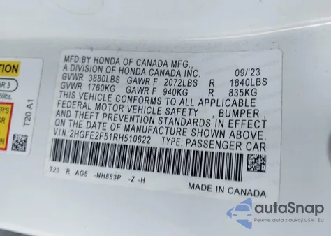 2024 Honda Civic Sport from USA, damaged, VIN 2HGFE2F51RH510622